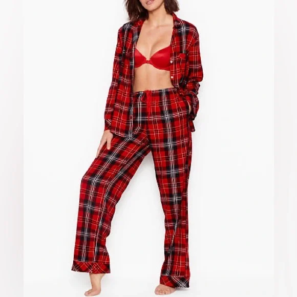 NWT Victoria's Secret Flannel Pajamas PJ Set Red Plaid - Picture 2 of 6